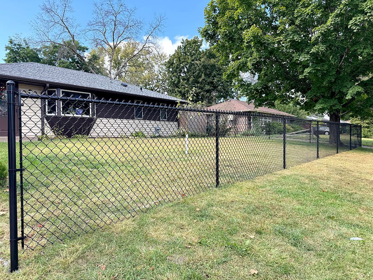 A black chain-link fence runs along the edge of a residential lawn in front of two houses on a sunny day.