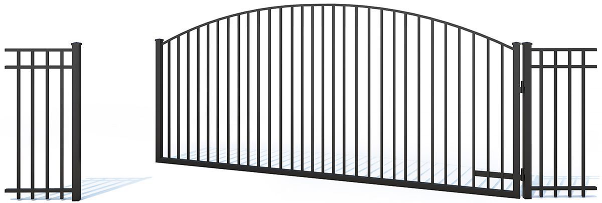 A black metal driveway gate with an arched top, partially open, flanked by matching fence sections on both sides.