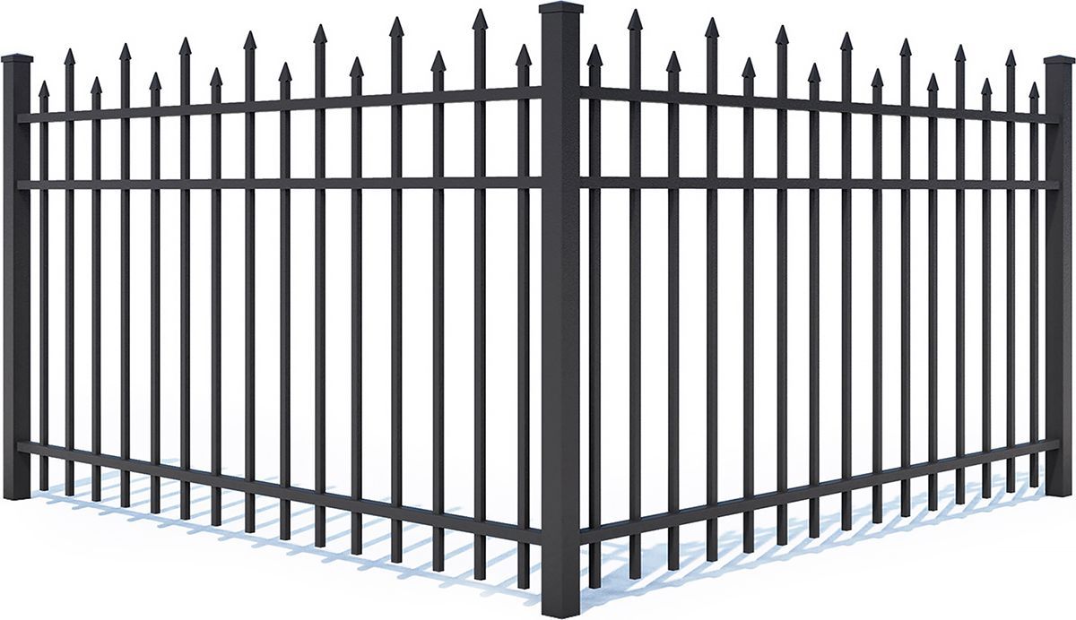 Black metal fence corner section with vertical pickets topped by spear-like points.