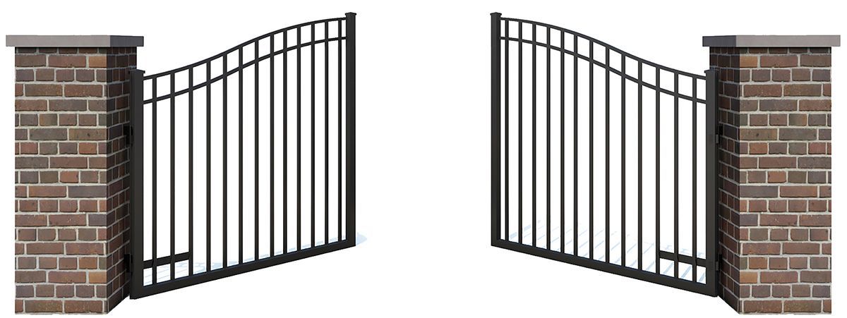 Two black metal driveway gates with arched tops, mounted on brick pillars against a white background.