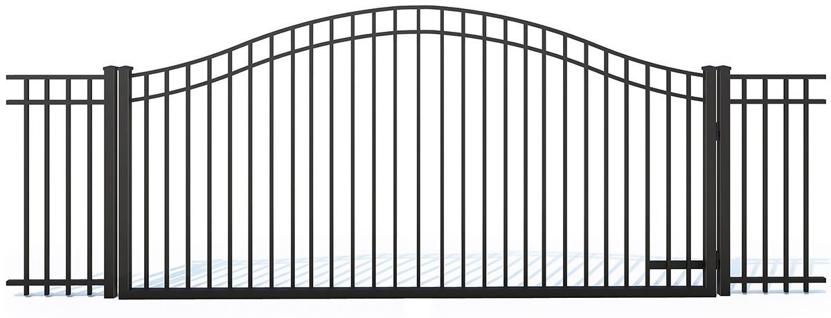 A black arched metal driveway gate with vertical pickets, set between two fence panels.