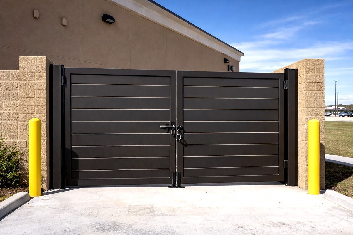 A closed, dark brown horizontal-slat double gate set between brick pillars, flanked by two yellow safety bollards.