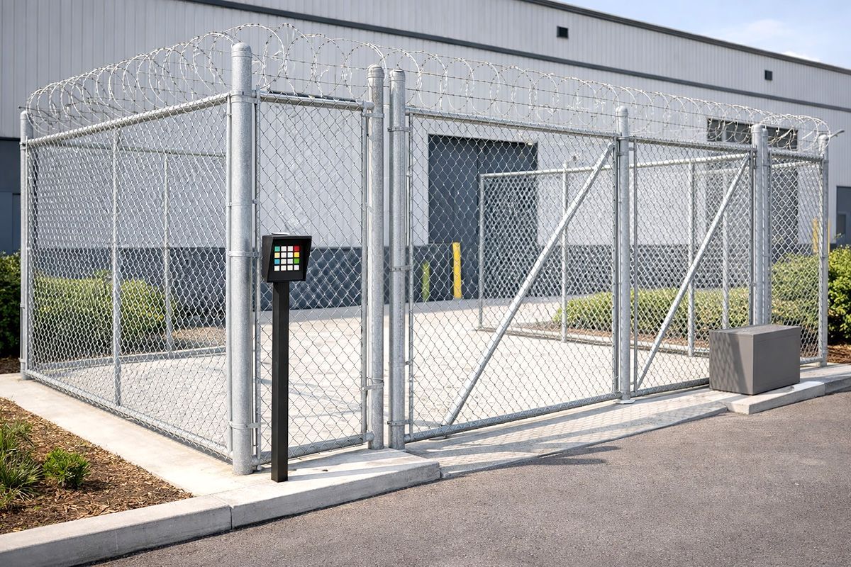 A chain-link fenced storage area with a keypad entry gate, located outside a commercial warehouse building.
