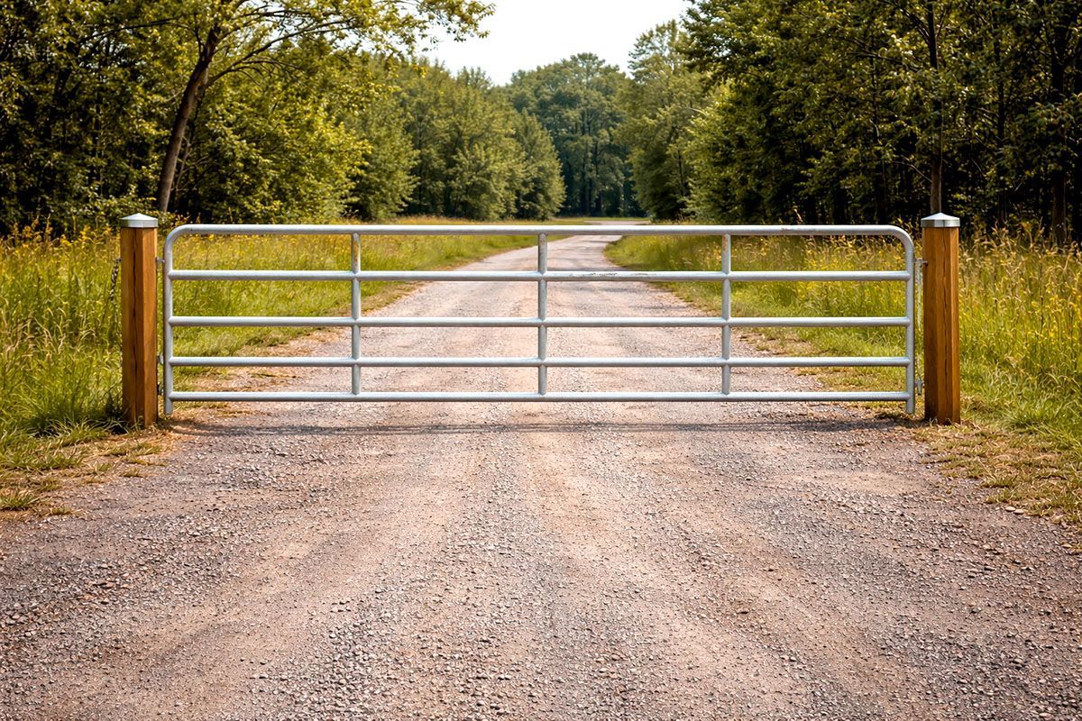 A metal farm gate blocks a gravel road leading into a wooded area between two wooden fence posts.
