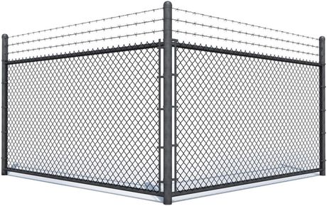 A corner section of a black chain-link fence topped with barbed wire against a white background.