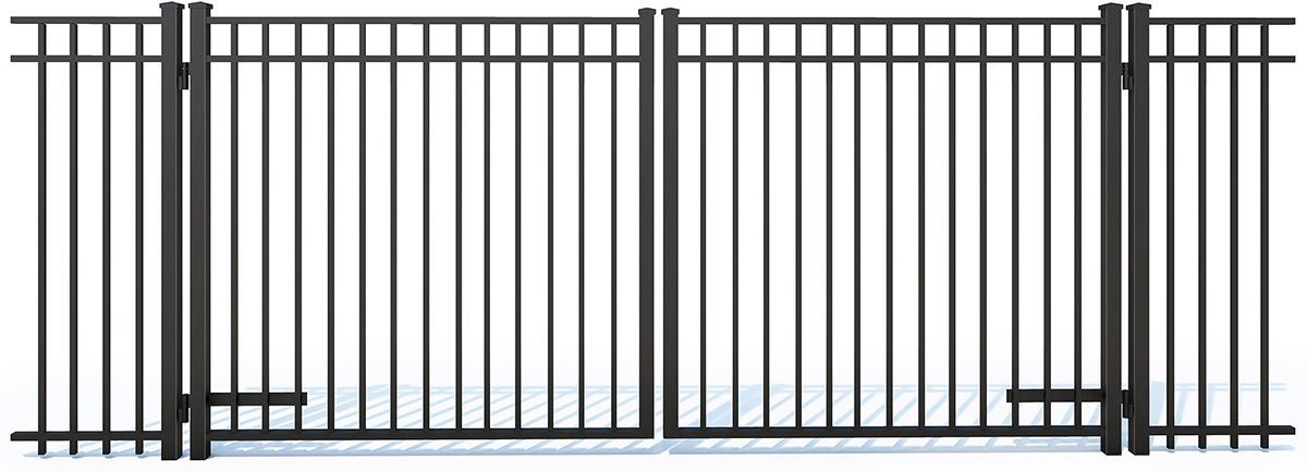 A black, double-swing aluminum fence gate with vertical pickets, set against a plain white background.