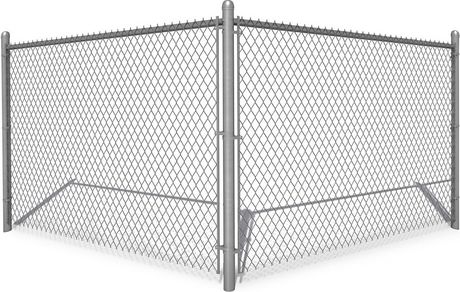 A corner section of a silver chain-link fence on white background.