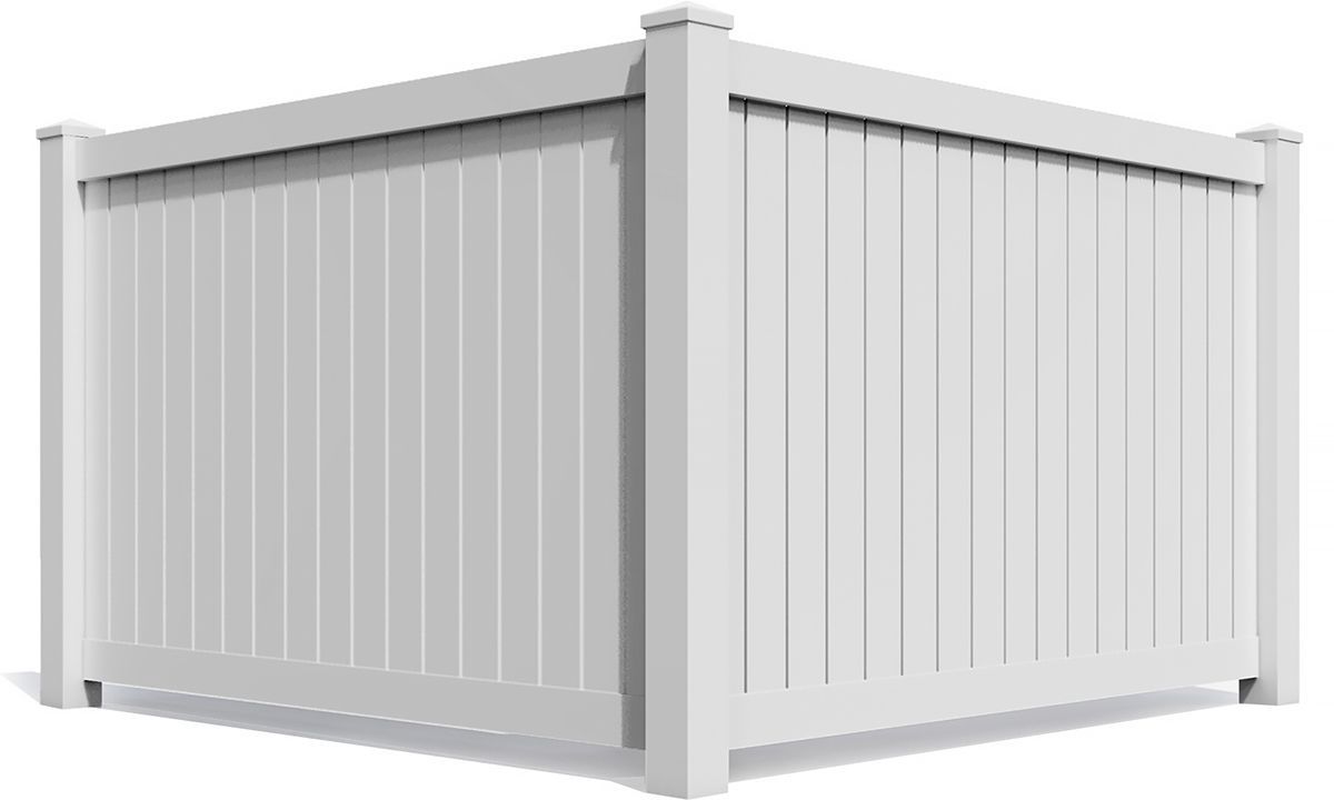 A white vinyl privacy fence section shown from an exterior corner angle against a white background.