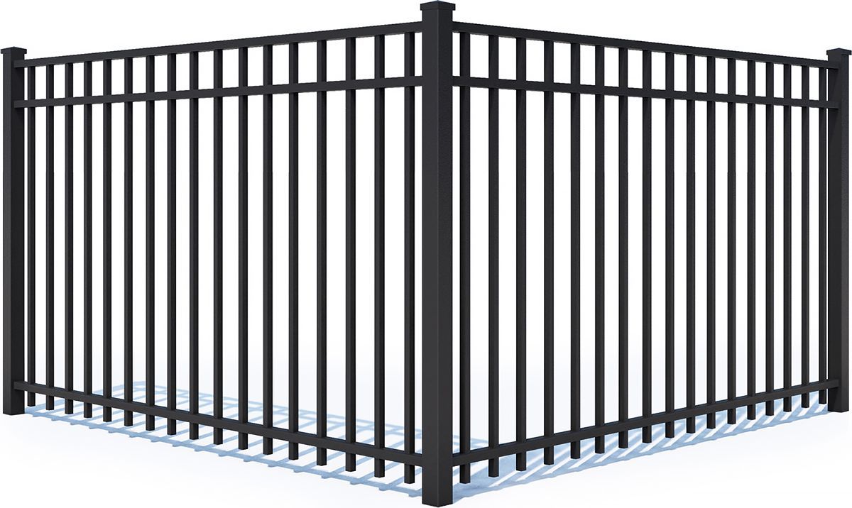 A black metal picket fence section forming a 90-degree corner against a plain white background.
