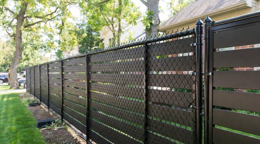 A black chain-link fence with privacy slats installed in a residential backyard with green grass and trees.
