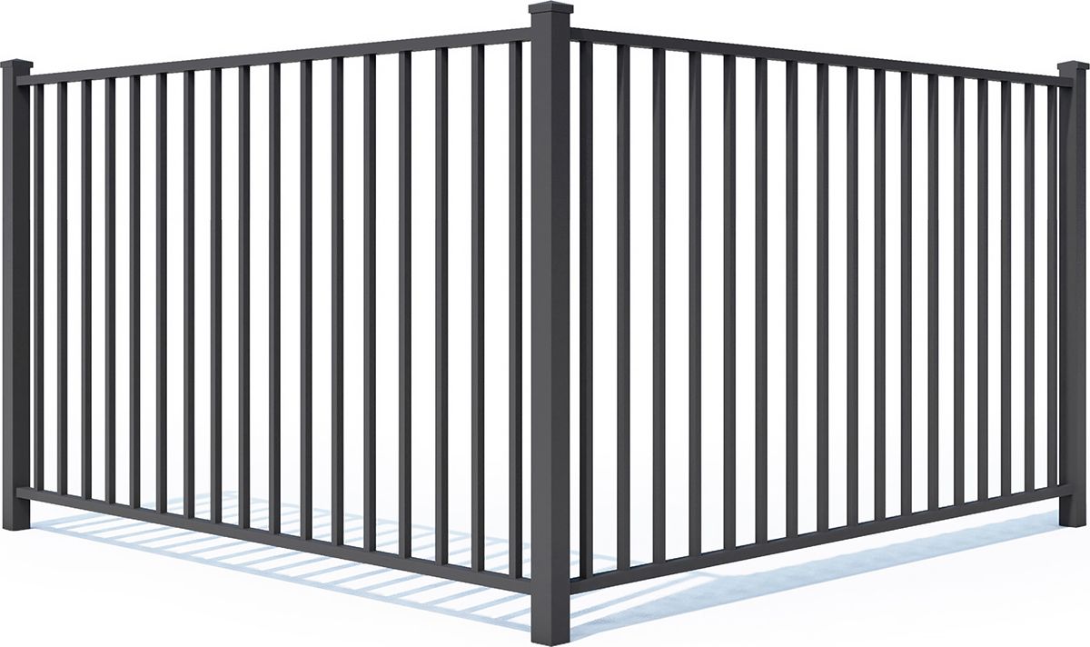 A section of black metal picket fencing forming a 90-degree corner against a white background.