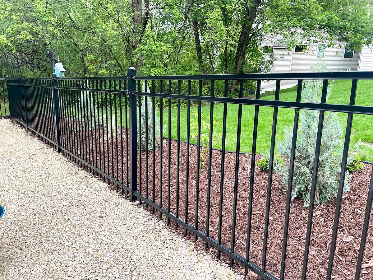 A black metal fence separates a gravel path from a yard with mulch, small evergreen shrubs, and a grassy lawn.