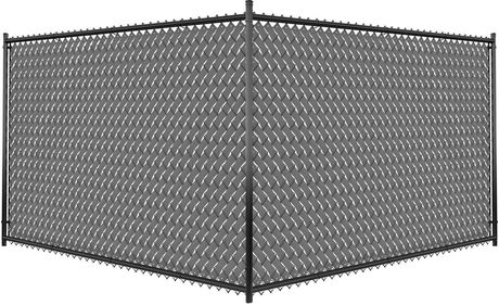 A corner section of a black chain-link fence with privacy slats, displayed against a plain white background.