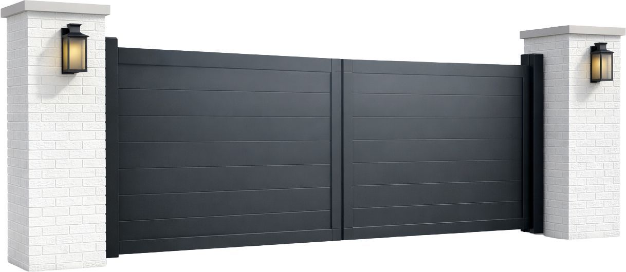 A modern, dark gray horizontal-slat double gate set between two white brick pillars with wall-mounted outdoor lights.