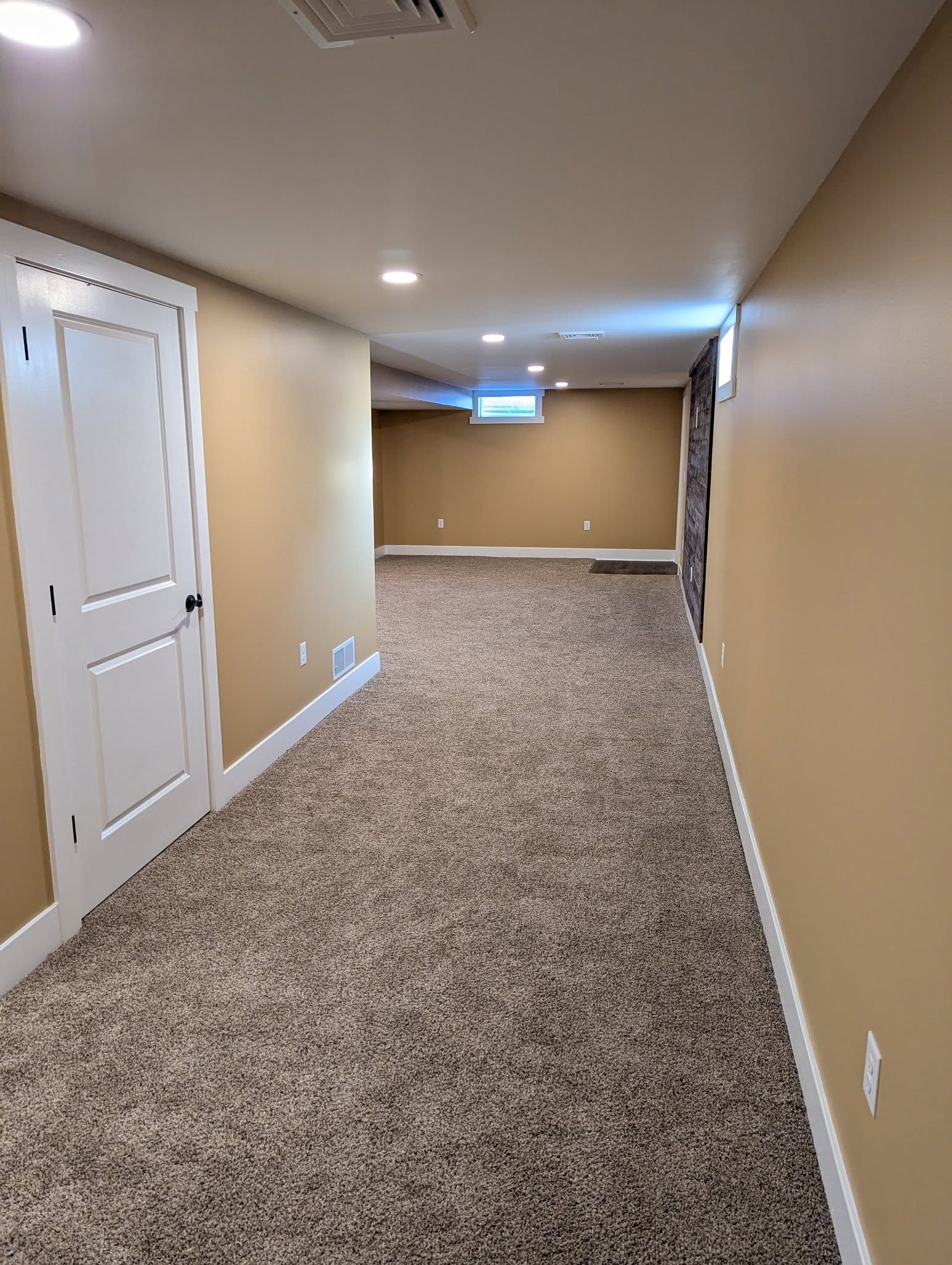 Long, beige-walled basement hallway with a closed white door and carpet.
