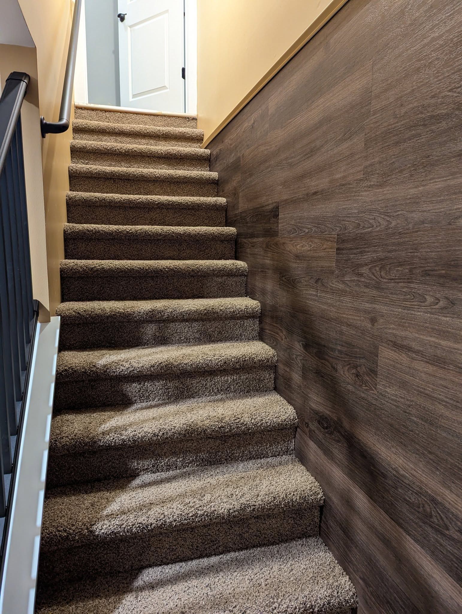 Staircase with brown carpet and a dark wood-paneled wall, leading to a white door.