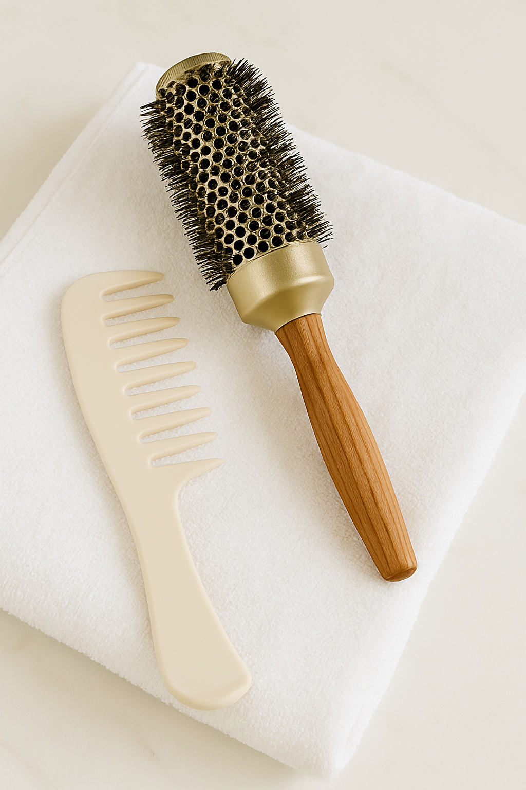 Round hairbrush and comb on a white towel.
