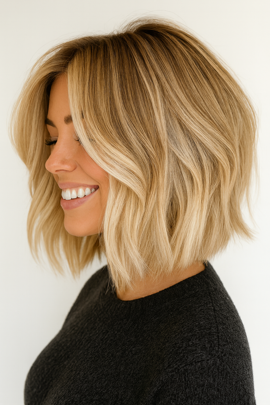 Woman with blonde wavy bob haircut, smiling, side profile. Wearing dark sweater, against white background.
