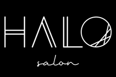 Logo for Halo Salon: White text on black background, modern font, stylized halo symbol.