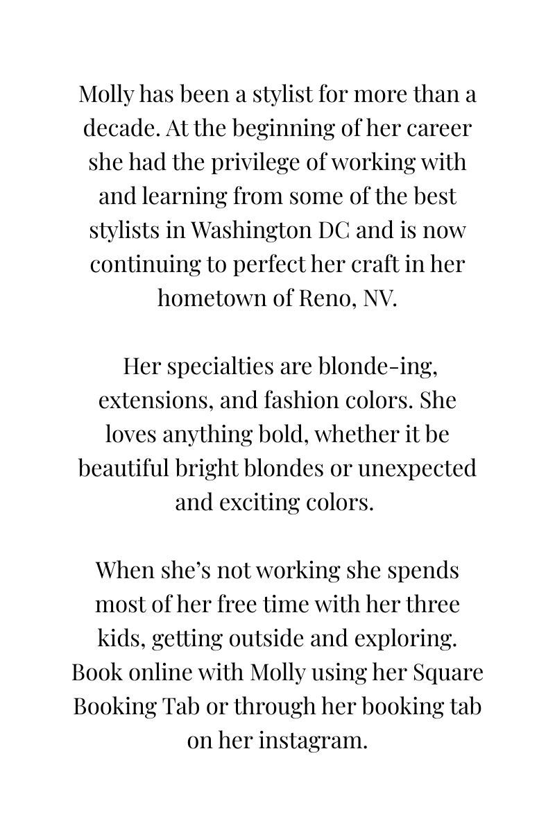 Text about stylist Molly: experience, specialties (blonde, extensions), booking info.