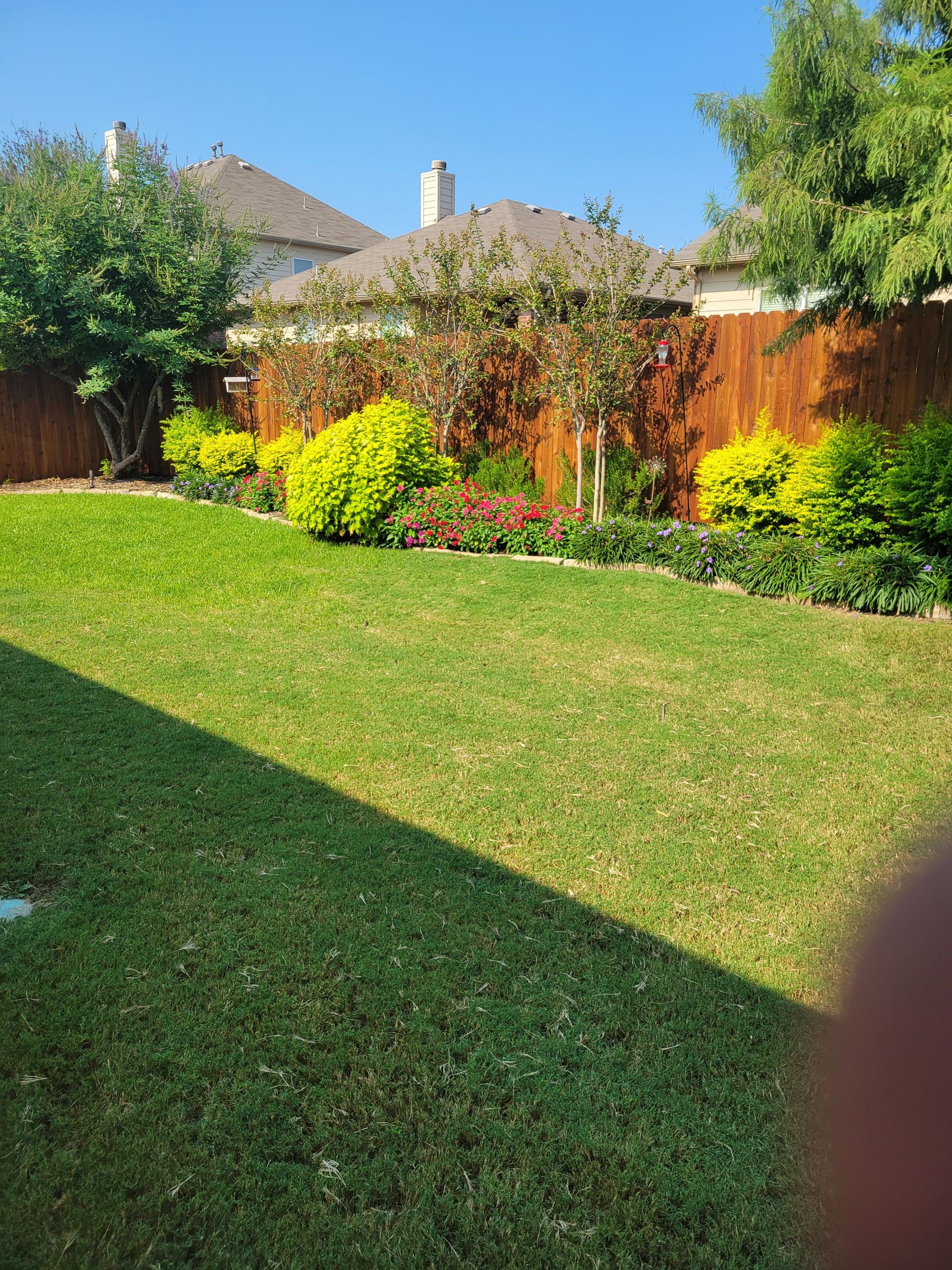 Wood privacy fence and landscaped flower beds