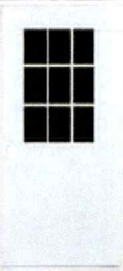 White door with nine black square windows.