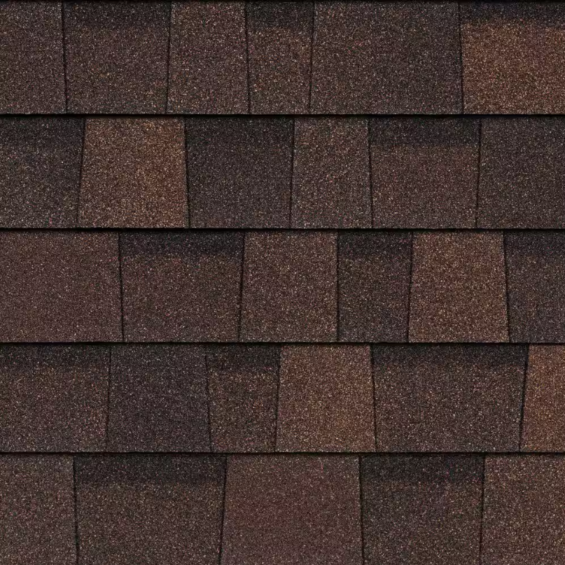 Dark brown asphalt roof shingles.