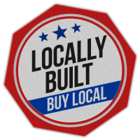 Red octagon badge with white circle: “LOCALLY BUILT, BUY LOCAL” and three blue stars.