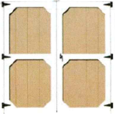 Four-paneled wooden doors with decorative tops, connected by hinges and frames.