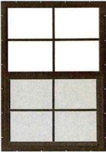 Brown double-hung window with six panes: two above and four below.