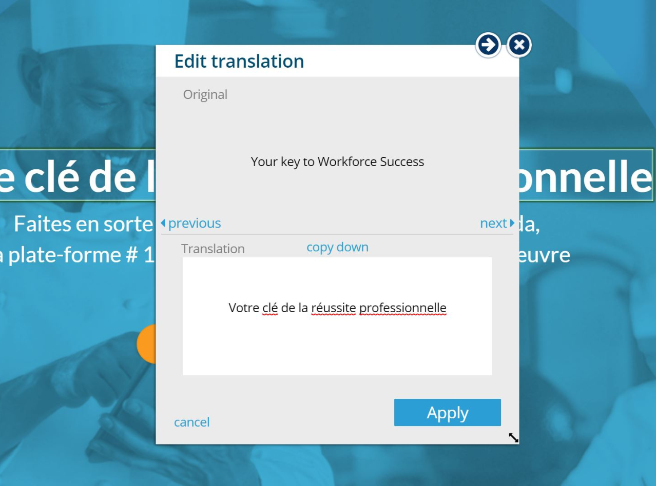 Edit Translation interface in Bablic with a popup to apply changes.