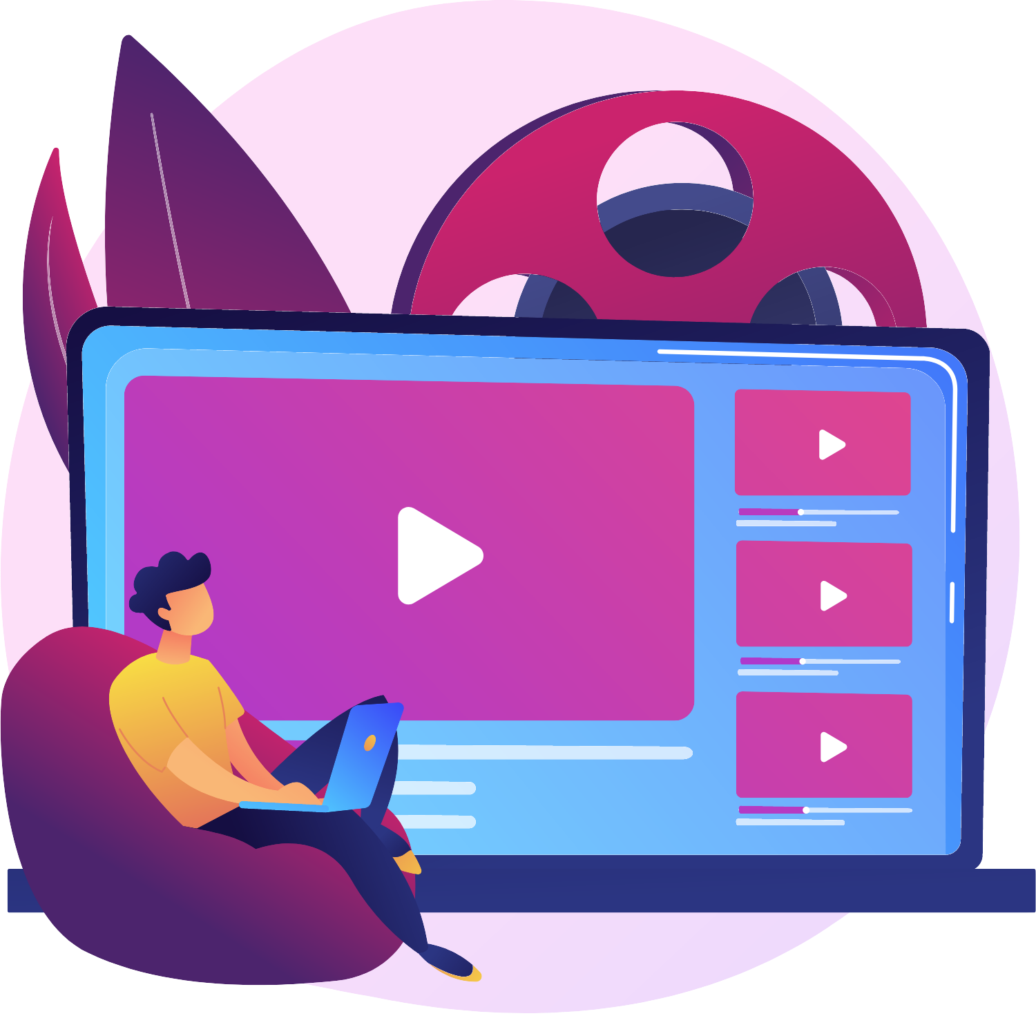 Illustration capturing the dynamic nature of Video Advertising with a play button and film reel, representing Proventus Digital's expertise in visual storytelling.
