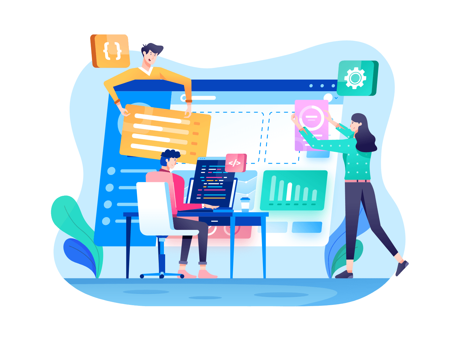 Illustration of web developers utilizing advanced tools and technologies, emphasizing Proventus Digital's commitment to cutting-edge web design and real-time site personalization.