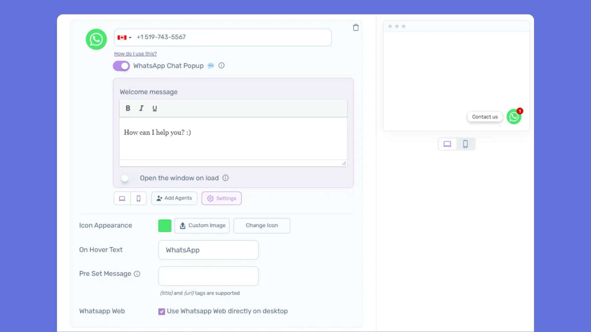 Preview of a welcoming chat message alongside customization options for the Chaty icon.
