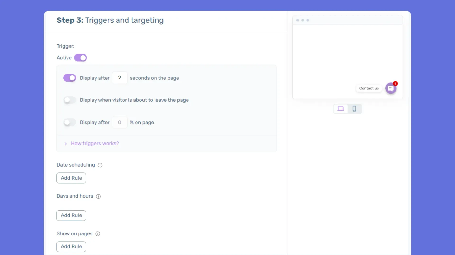 Interface displaying trigger settings and targeting options for the Chaty widget.