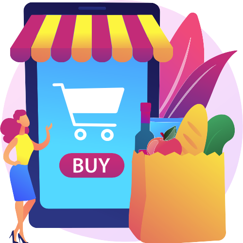Illustration of an online shopping cart with various products in a colorful and modern design, representing eCommerce development services