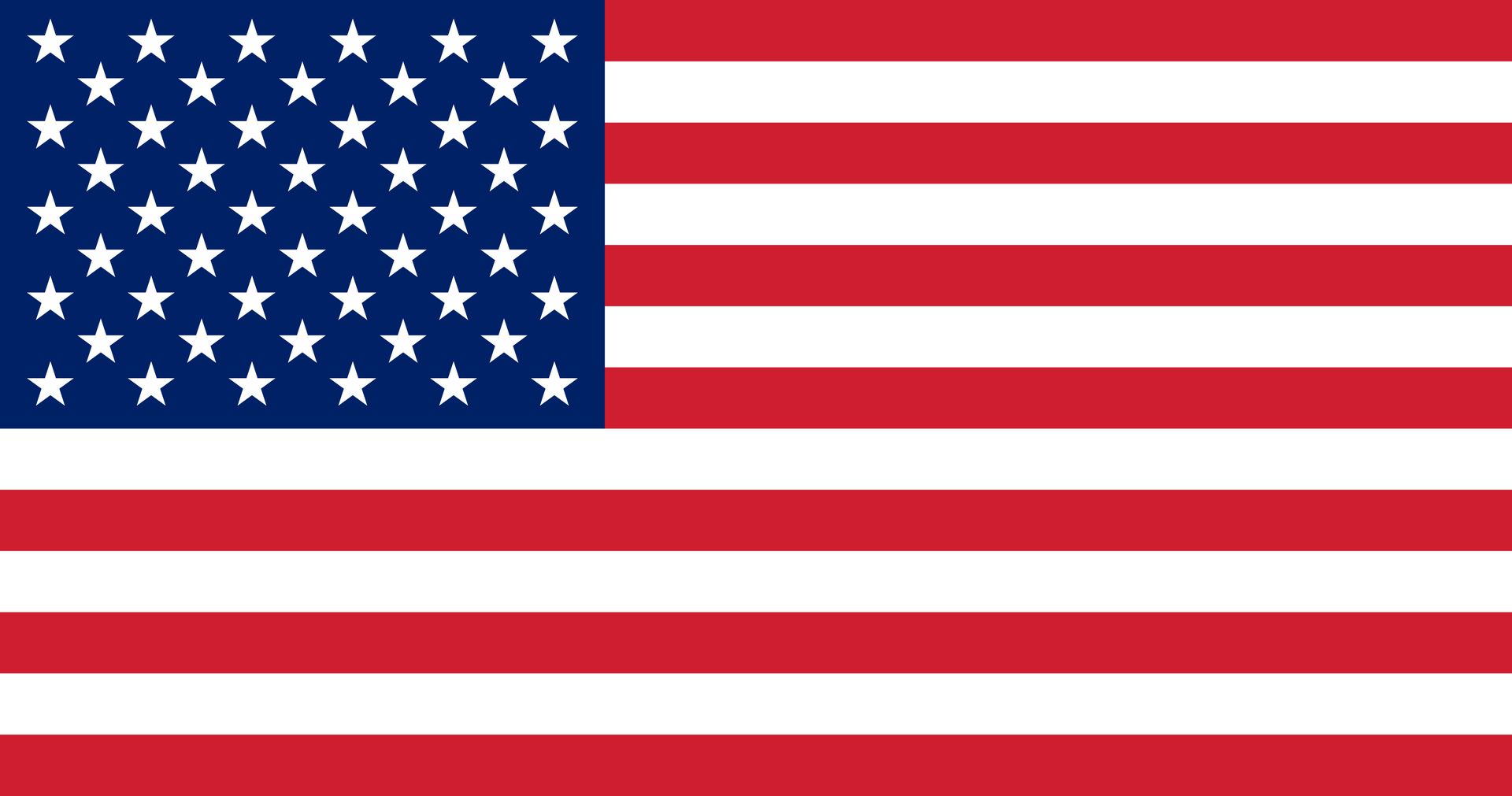 American flag: red and white stripes, blue field with 50 white stars.