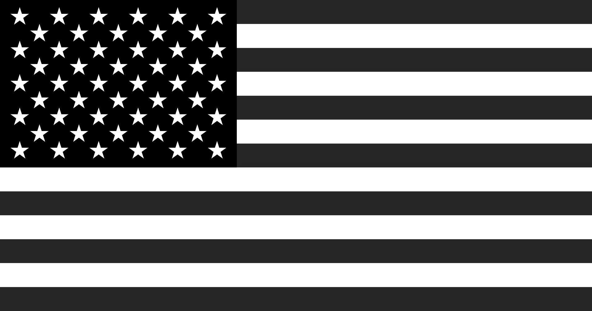 Black and white American flag with fifty white stars and stripes.