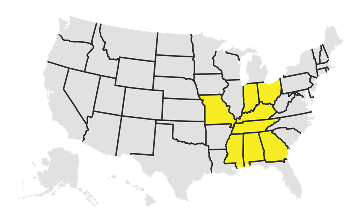 Map of the United States with southeastern states highlighted in yellow.