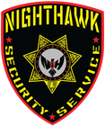 Nighthawk Security Service logo: Black shield with yellow text, a central star design, and red border.
