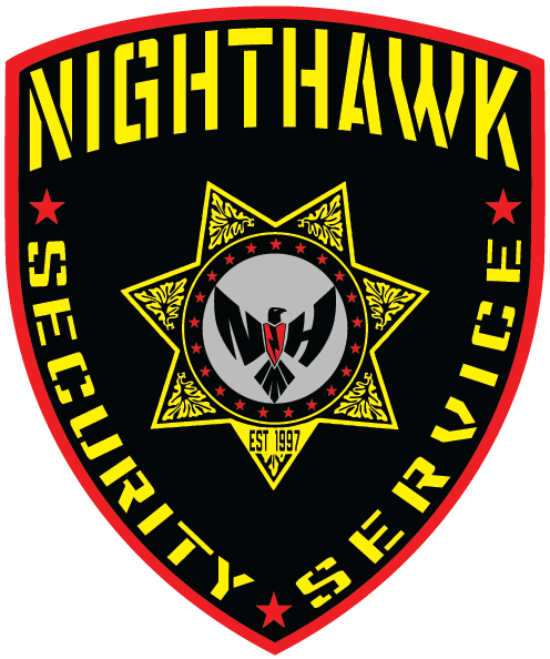 Nighthawk Security Service logo: Black shield with yellow text, a central star design, and red border.