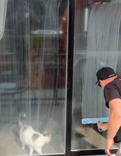 Un homme nettoie une fenêtre avec une éponge pendant qu'un chat regarde.