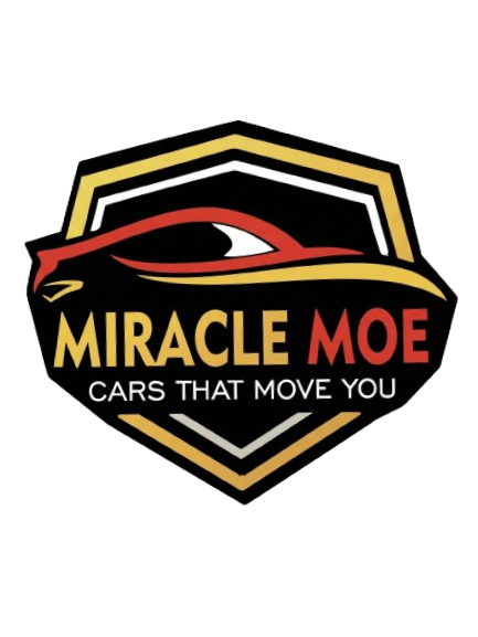 Logo for Miracle Moe featuring a stylized car silhouette over text on a black, gold, and white shield background.