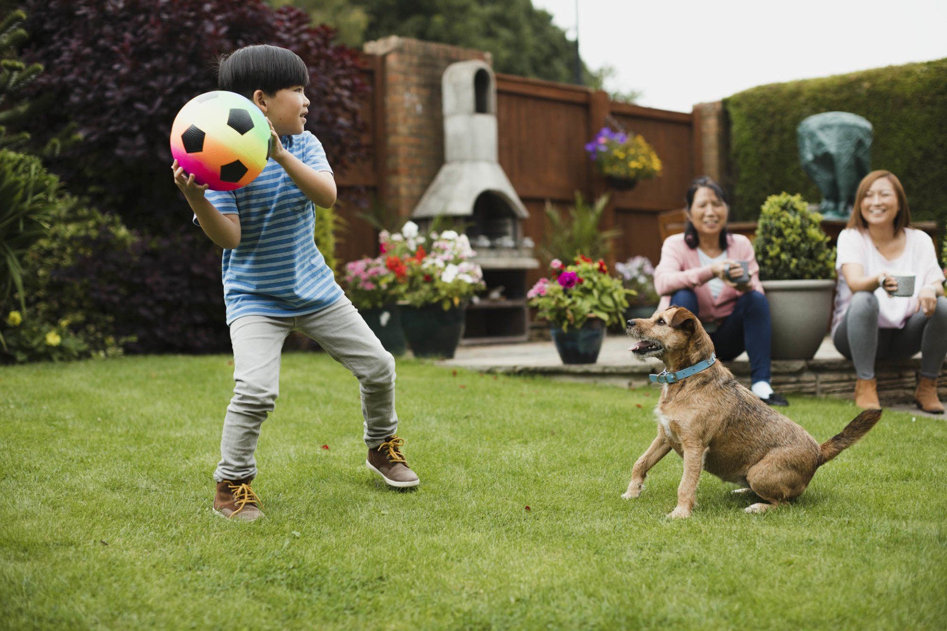 boy playing with dog in new construction home for rent