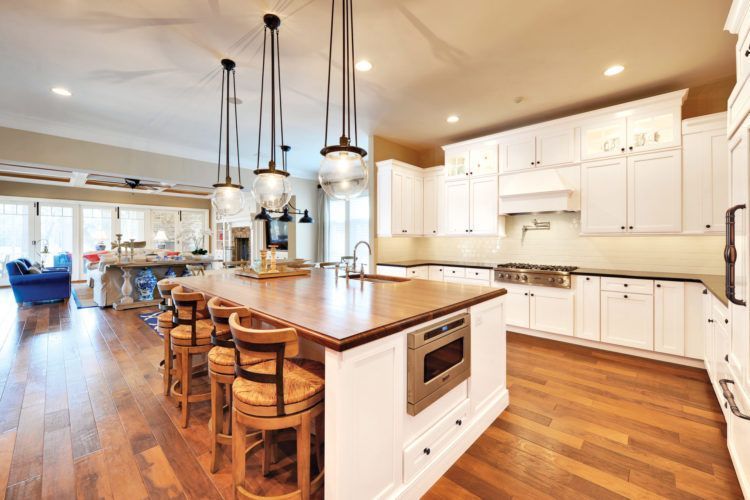 Bright modern kitchen with white cabinets, wood floors, and a large island with stools and pendant lights