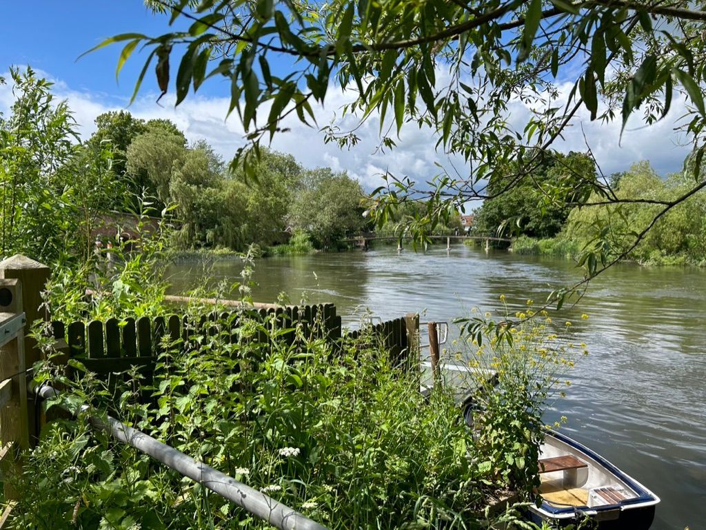 river with wooden boat and framed by bushes and trees