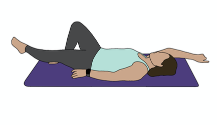 drawing of a facile lady on her back stretching an arm and a leg towards the floor.