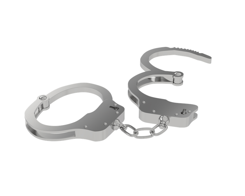 A pair of handcuffs on a chain on a white background.