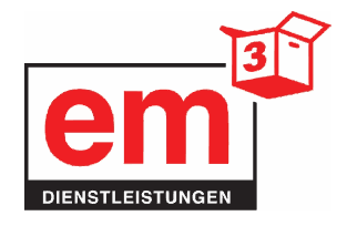 Ein rot-weißes Logo für ein Unternehmen namens em