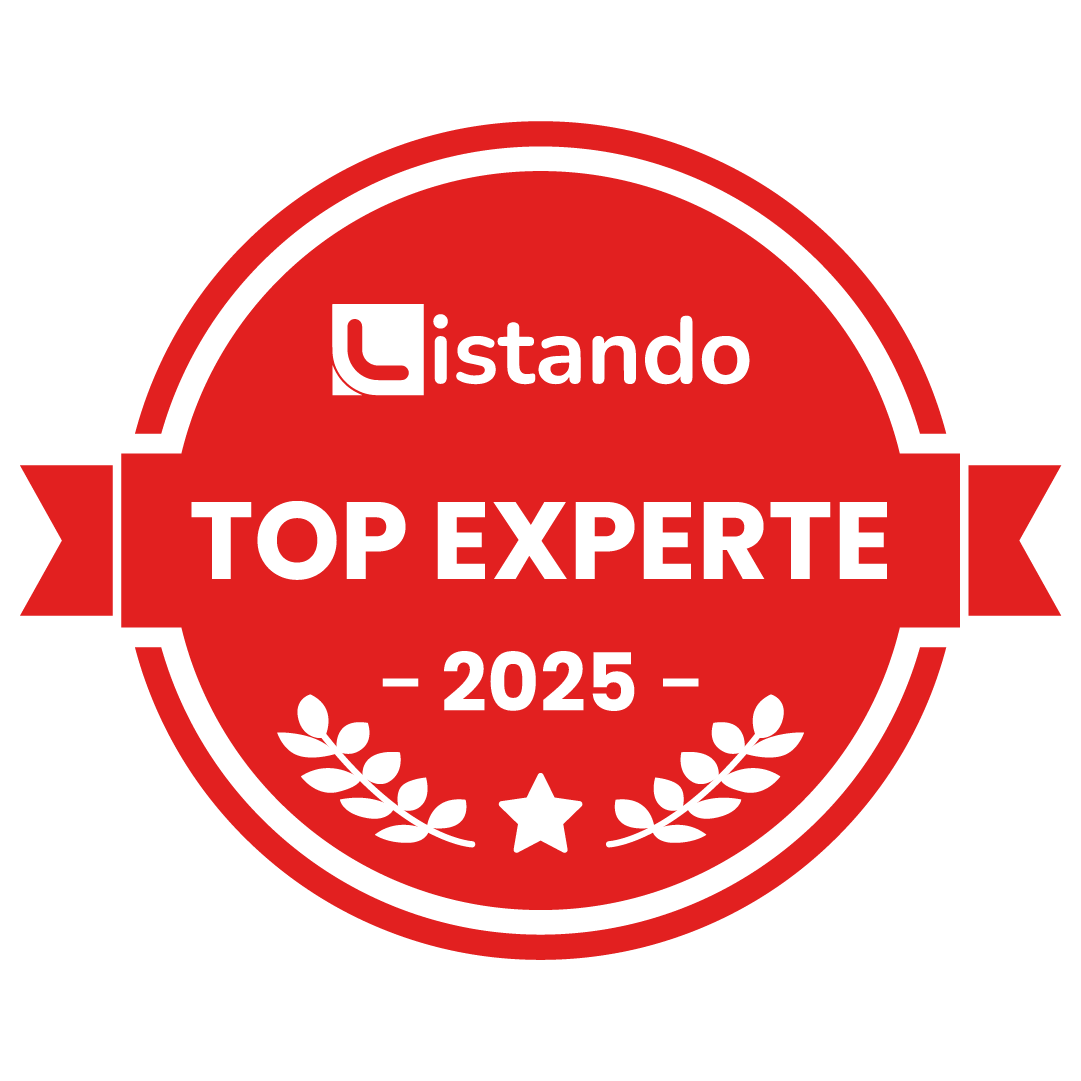 Ein rotes Abzeichen mit der Aufschrift „listando top experte 2025“
